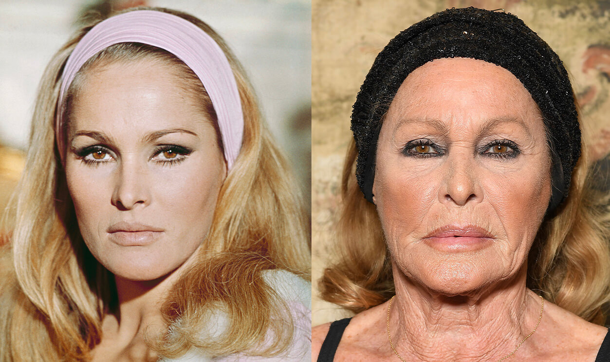 Ursula Andress transformation: Left - as 26-year-old Honey Ryder in Dr. No (1962); Right - the Swiss Bond girl icon in her later years, showcasing her timeless elegance